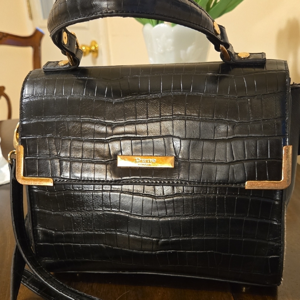 Vintage Dune London Black Croc-Embossed Satchel with Gold Accents - Picture 7 of 8